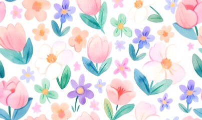 Floral design in purple and blue tones with white peonies and yellow tulips, green leaves, simple hand drawn style, Generative AI
