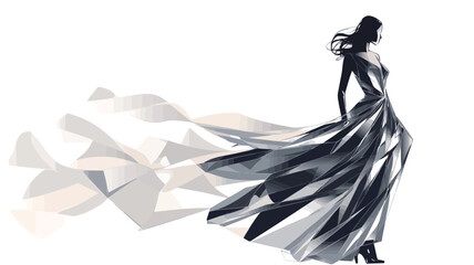 The image is a stylized illustration or drawing of a woman in a long, flowing gown.  The style is monochrome, using shades of gray and white. The gown has a dramatic, flowing design, suggesting
