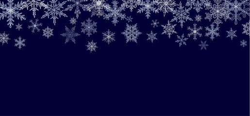 Abstract Christmas background with blue and silver snowflakes border and copy space for text. Winter snow. Overlay, banner, cover. Realistic vector illustration isolated on dark navy blue background.