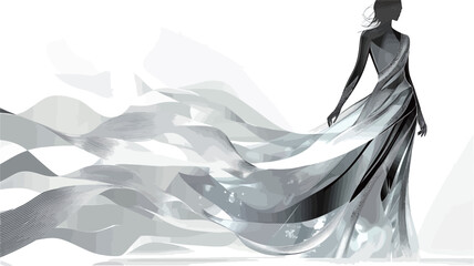 The image is a stylized illustration or digital painting of a woman wearing a long, flowing dress. The style is monochrome, using shades of gray and black. The dress is the focal point, with its