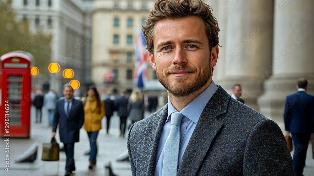 Poster man in a suit and tie stands in front of a red telephone booth. he is smiling and he is posing for a