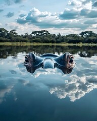 Close-Up of Hippopotamus Eyes Peeking Above Water Surface