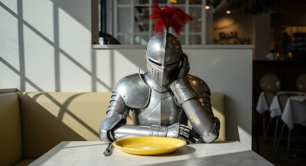 Naklejka premium Knight in Shining Armor Sitting Alone at Restaurant Table Waiting Patiently