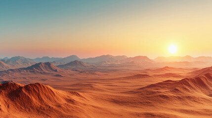 Naklejka premium A stunning desert landscape at sunset, featuring rolling hills and mountains under a vibrant sky.