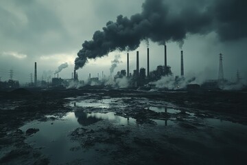 Industrial Landscape with Smokestacks Emitting Pollution Under Cloudy Sky Reflected in Water Puddles