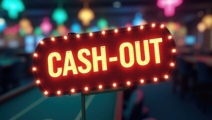 Cash-Out. Sign is lit up with bright lights and neon sign that says cash out