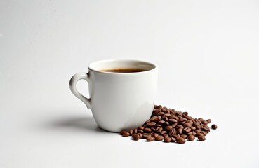 Fototapeta premium Aromatic coffee cup stands near roasted beans pile on white background. Minimalist simple classic concept for ads banner, site header. Fresh hot dark beverage for breakfast. Energetic caffeine drink.