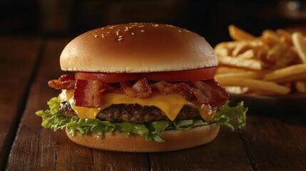 Bacon cheeseburger with lettuce and tomato sitting on a wooden table with french fries in the background