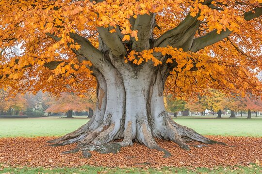 Majestic copper beech tree standing tall in the center of an autumn park