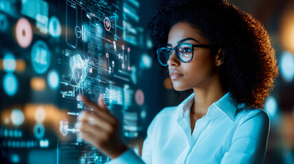 Future Tech Vision: Woman Interacting with Augmented Reality Display for Data Analysis and Insights