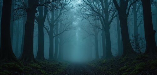 Fototapeta premium Dark moody forest with fog, mist. Trees in nature, atmospheric, eerie. Creepy enchanted wilderness with shadow silhouettes. Gloomy sombre melancholic gothic dreamy fantasy aethereal place. Natural