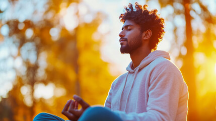 Mindfulness Moment: A man in serene meditation at sunset, finding inner peace