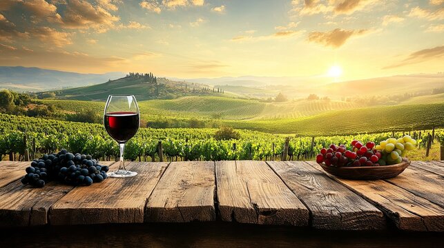 Tuscan vineyard sunset, wine, grapes, wooden table