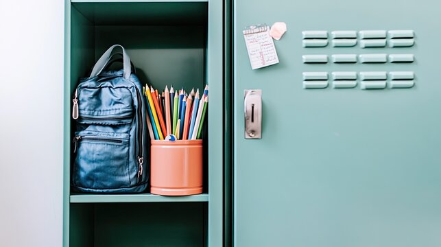 Backpack and pencils inside a school locker