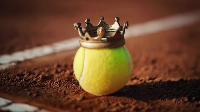 Gleaming golden tennis ball wearing royal crown, highlighting championship achievement on tennis legendary clay surface