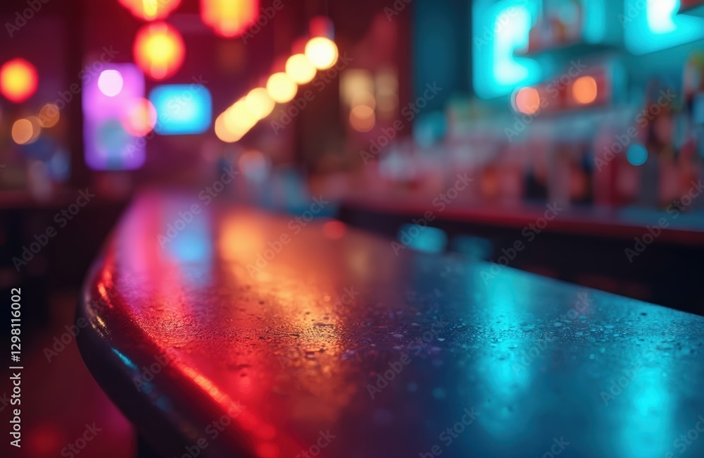 Poster abstract bar counter in night club with colorful lights. wet table surface reflects neon illuminatio