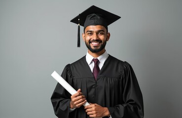 Happy Indian graduate in graduation gown, cap holding diploma. Young man celebrates university graduation. Academic success, educational achievement. Cheerful student with certificate. Career
