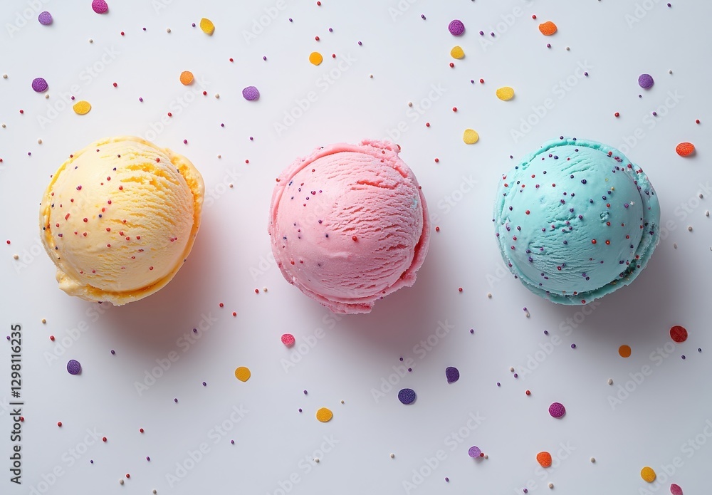 Poster three colorful ice cream scoops with sprinkles and colorful confetti on a white background for summe