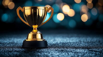 A golden trophy on a black pedestal in front of a blurred large stadium, symbolizing achievement, victory, and excellence in sports or competition. The podium highlights modern success.

