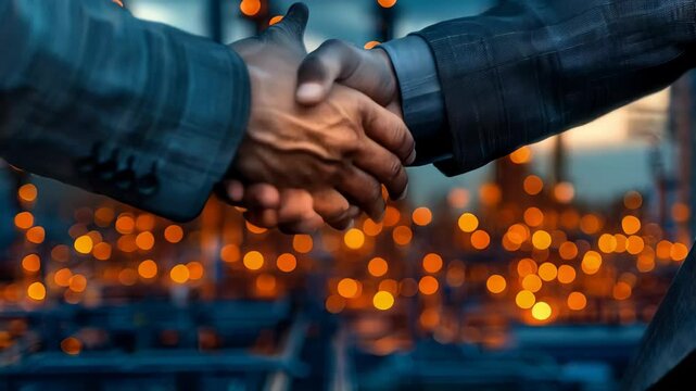 Business professionals sealing partnership with firm handshake, standing against silhouetted industrial refinery backdrop during golden sunset light