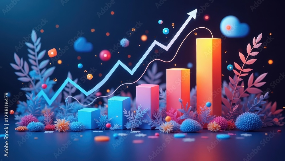 Poster conversion rate optimization. colorful 3d rendering of graph bar chart with flowers and plants