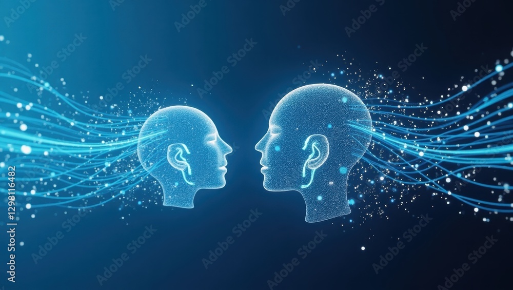Poster digital twin. two heads of two people are facing each other with blue lines coming out of them