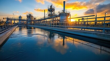 Industrial water treatment plant at sunset, reflecting in calm water.  Stunning golden hour light.