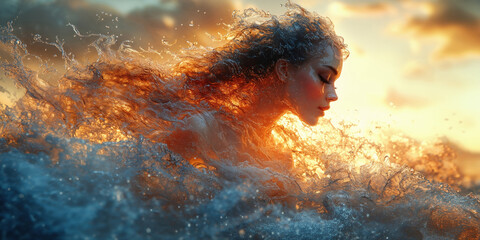 Naklejka premium A woman with vibrant, flowing hair stands in the ocean, surrounded by crashing waves. The warm glow of sunset casts an ethereal light, creating a magical atmosphere.