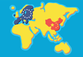 A cartoon map showing the European Union and China