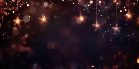 Obraz premium A dreamy bokeh background featuring star-shaped garland, light bulbs with bokeh background, soft glowing lights and blurred spots.