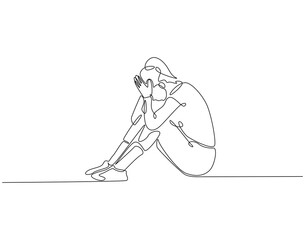 Continuous line drawing of woman depression. Single line illustration of depression woman sitting on the floor. Axienty, sad, depressed concept. Editable outline