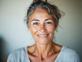 Smiling older woman with short gray hair, warm and welcoming expression, natural beauty, AI-generated portrait.