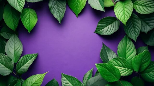 Green leafy border surrounds a purple background. The border is made up of many leaves, and the purple background is a deep shade of purple. The image has a calming and peaceful mood