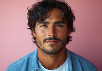 Fototapeta premium Ultra-Realistic Portrait of a Handsome Man in Blue Shirt – Studio Photography with Pink Background, High Detail, Professional Lighting, Perfect for Branding and Marketing Designs