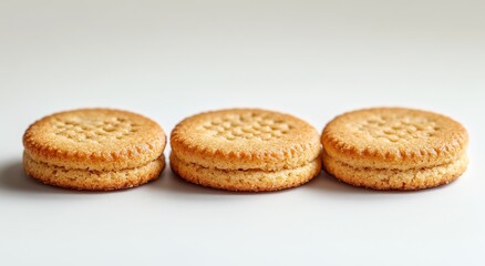 Three Delicate Vanilla Cookies with Cream Filling on a Soft White Background for Dessert and Snack Themes