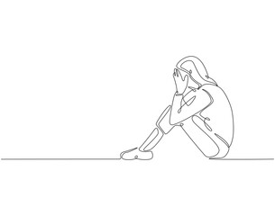 Continuous line drawing of woman depression. Single line illustration of depression woman sitting on the floor. Axienty, sad, depressed concept. Editable outline