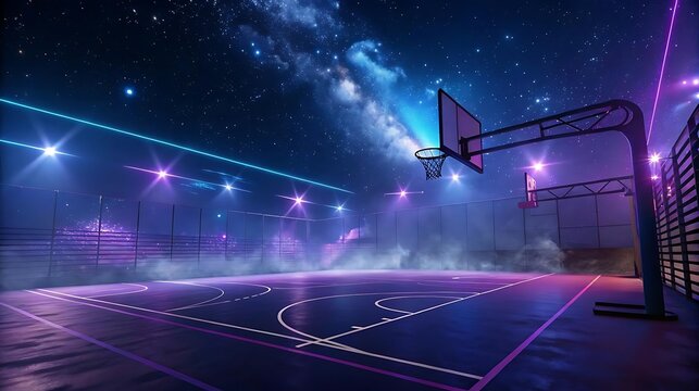 Neon lit basketball court at night under starry sky