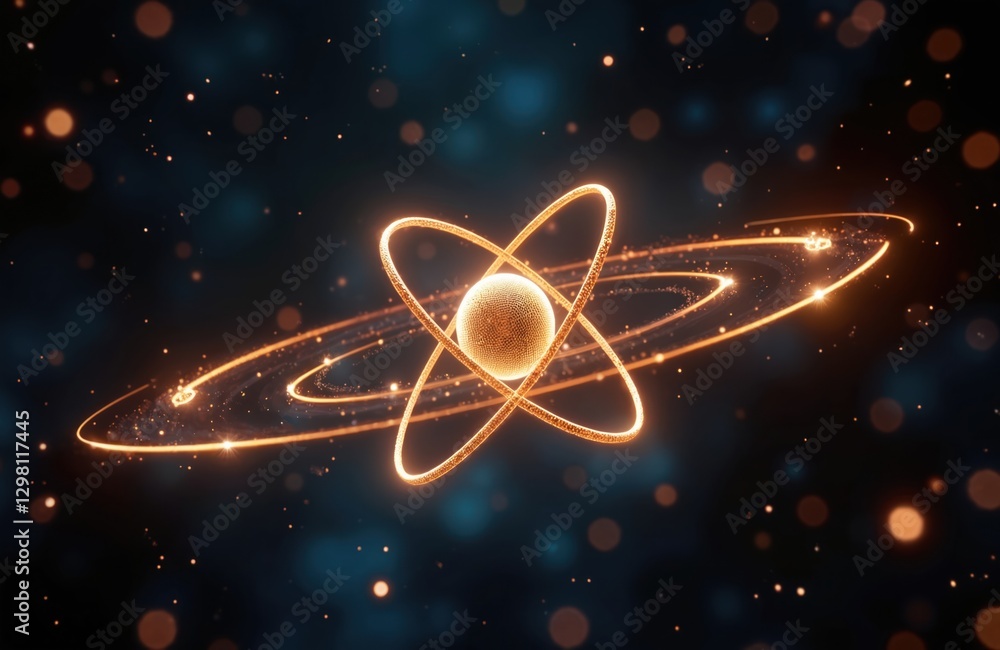 Poster 3D model of atom with electrons orbiting around nucleus. Conceptual depiction of particle physics and nuclear power. Scientific image of molecule as education material.