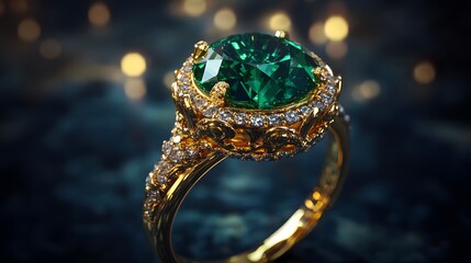 12. A large, statement ring with an opulent emerald stone in the center, set in a gold band, glowing under bright lights