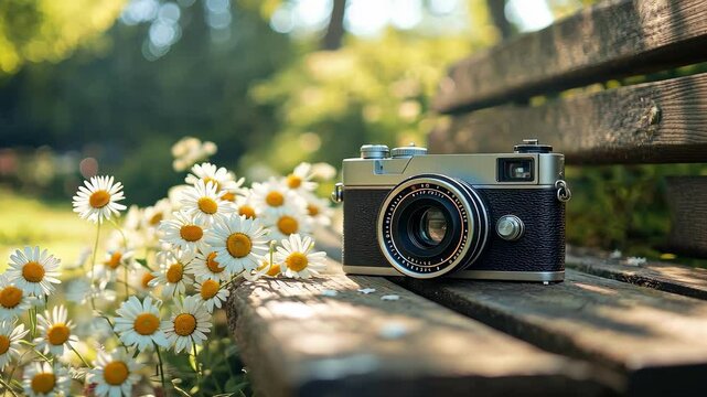 camera on a background of flowers. Selective focus