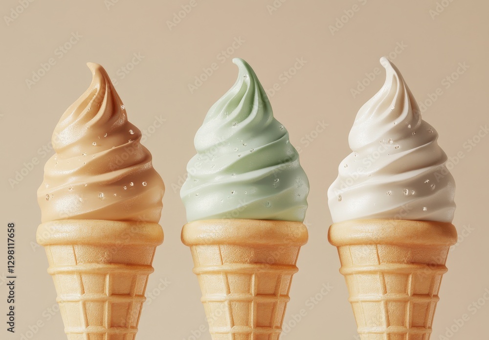 Poster three delicious ice cream cones in soft serve style with smooth swirls and refreshing colors perfect