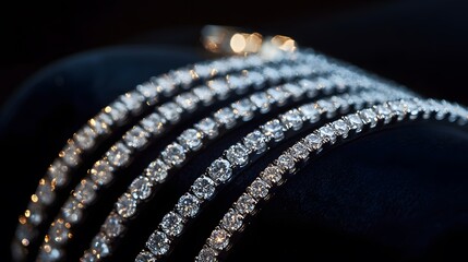 13. A set of sparkling diamond tennis bracelets arranged neatly on a black velvet cushion