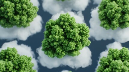 Lush green trees floating among fluffy clouds
