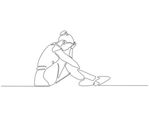 Obraz premium Continuous line drawing of woman depression. Single line illustration of depression woman sitting on the floor. Axienty, sad, depressed concept. Editable outline