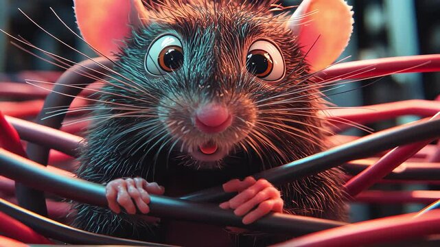 Mouse eating wires. Selective focus