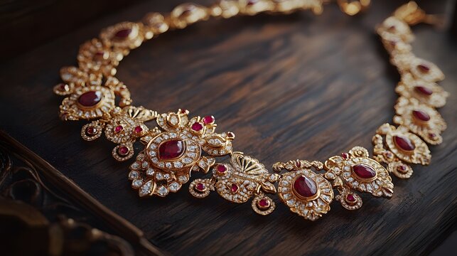 14. A detailed view of a luxurious gold and ruby necklace with ornate details, placed on a dark wooden surface