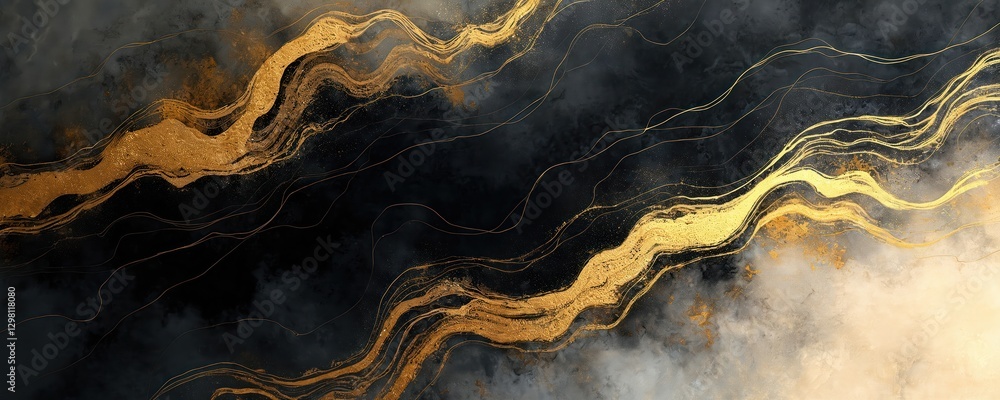 Poster black and gold watercolor painting shows abstract blots background. alcohol ink colors create marble