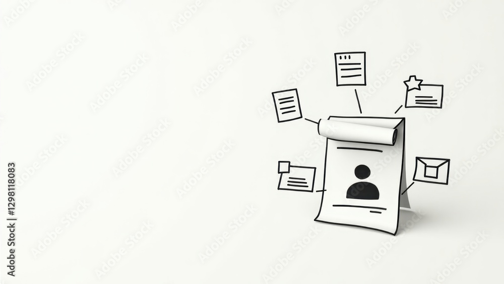 Aufkleber document automation. paper is folded up and has picture of person on it