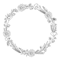 Hand drawn botanical wreath line art vector illustration isolated on white background. Circle frame with leaves in black ink sketch style. Elegant wedding invitation design. Trendy greenery clipart.