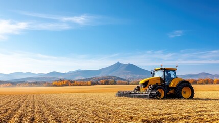 Obraz premium Agricultural tractor working in a golden field under clear skies